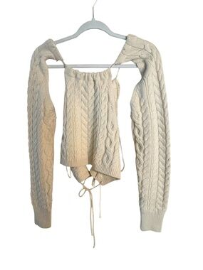 Isalis Cable Knit Tie Back Sweater Top Cream Cottagecore Open Back Small